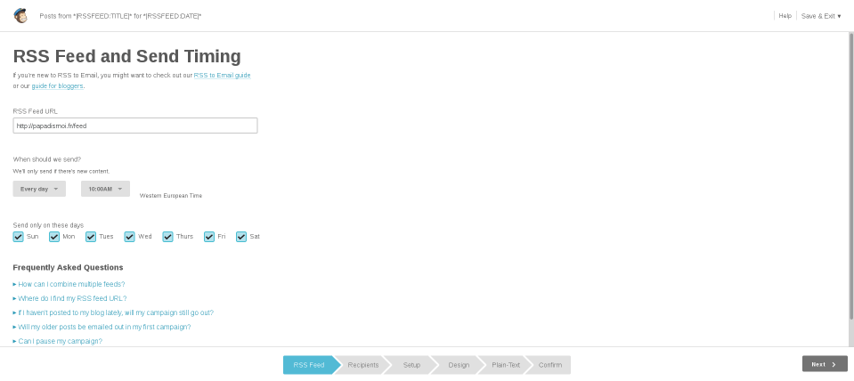 Mailchimp : Définir le flux RSS et la périodicité